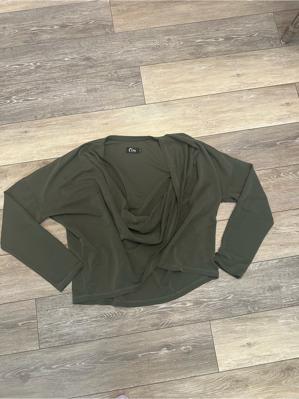 Zyia Active Cutsie Long Sleeve Olive Green Shawl Wrap Top